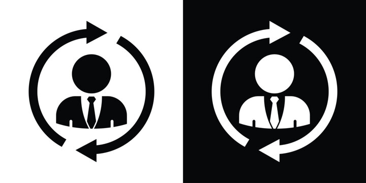 Businessman avatar positioned inside a circular rotation arrow loop, ideal for human resources lifecycle, staff rotation, employee retention, and continuous training.