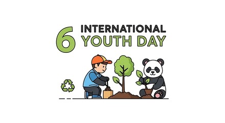 Fototapeta premium International youth day celebration with boy and panda bear planting green trees for earth day.