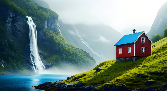 Red house with blue roof by a waterfall in a norwegian fjord