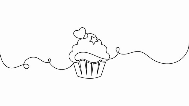 Cupcake with heart and star continuous line drawing animation for parties