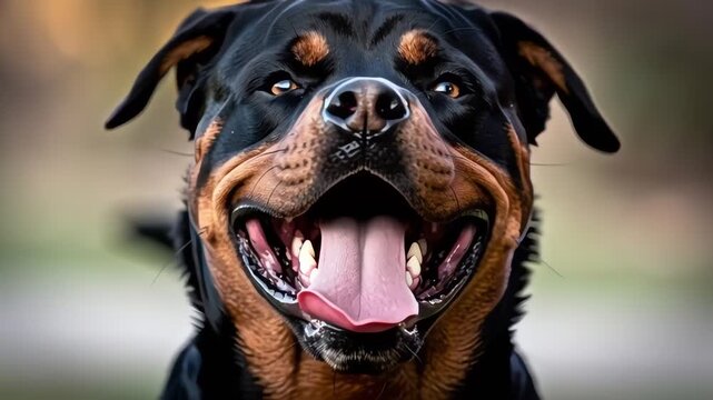 Close-up of Happy Rottweiler Dog with Tongue Out in Nature