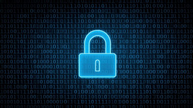 Digital padlock icon with glowing binary code background representing cybersecurity