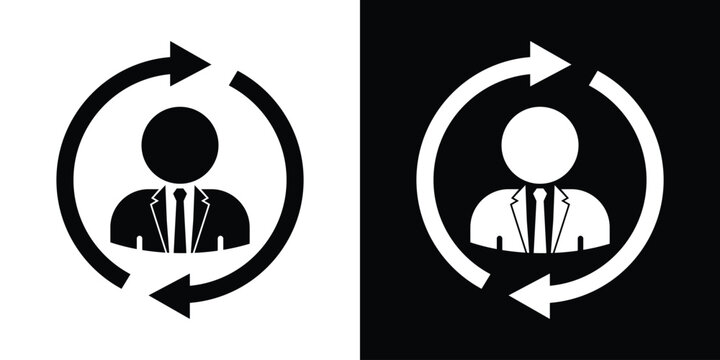 Businessman avatar positioned inside a circular rotation arrow loop, ideal for human resources lifecycle, staff rotation, employee retention, and continuous training.