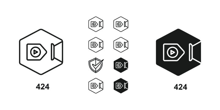 Isometric video camera icons set in hexagon shapes