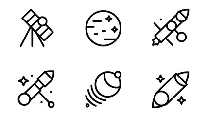 Space icons including telescope rocket ship planet and satellite in line art style © Mdsahijul