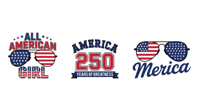 Patriotic badge collection with merica text and america two hundred fifty years anniversary design.