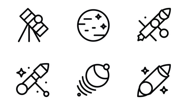 Space icons including telescope rocket ship planet and satellite in line art style