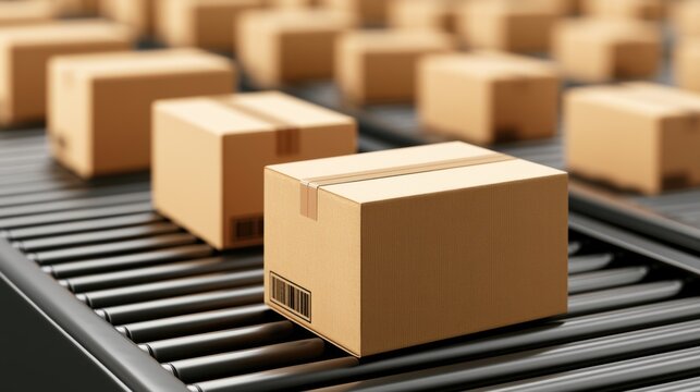 Cardboard boxes on industrial conveyor belt
