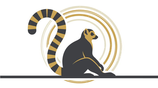 A lemur sits on a ledge with its tail curled up behind it surrounded by abstract curved lines