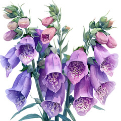 Foxglove Flower, colorful watercolor painting with bold outlines, isolated on a white background. © zenvor