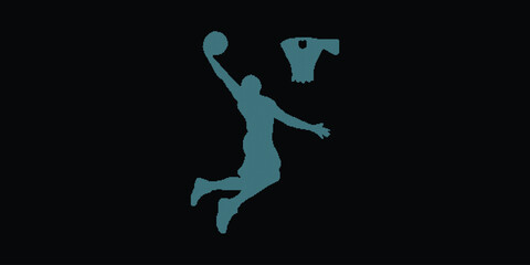 Futuristic Basketball Player Slam Dunk Silhouette with Cyan Digital Halftone Grid Pattern for Modern Sports Tech and Cyber Branding © Precision 10K