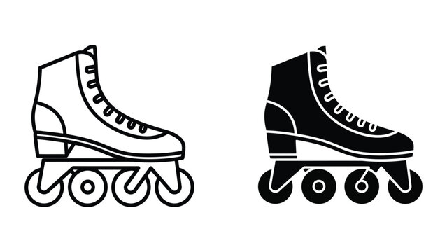 Black and white rollerblades icon set with four wheels