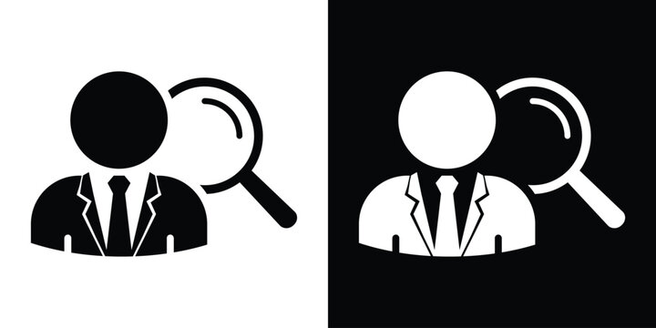 Professional corporate avatar combined with a prominent magnifying glass, perfect for headhunting, talent recruitment, job candidate vetting, and quality auditing.