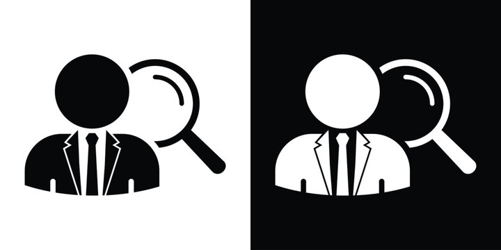 Professional corporate avatar combined with a prominent magnifying glass, perfect for headhunting, talent recruitment, job candidate vetting, and quality auditing.