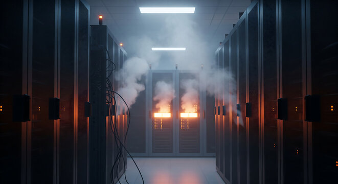 dramatic closeup shot of industrial server racks experiencing extreme overheating with glowing red hot components and intense foggy heat haze revealing critical data center emergency conditions