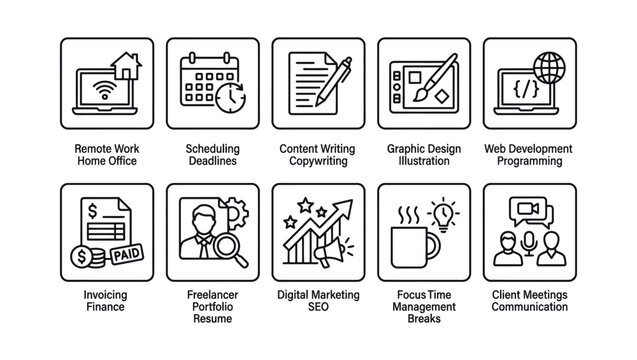 A grid of modern flat icons illustrating various aspects of freelance work, remote office, and business management for digital professionals.