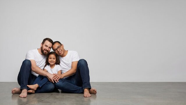 Two happy fathers with their adopted daughter in studio portrait 