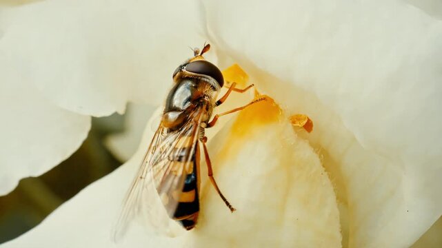 Hoverfly (Syrphidae) feeding on a Snapdragon flower extreme close up stock footage