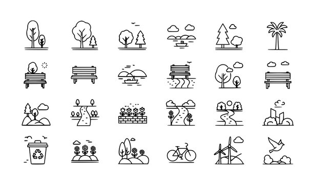 A modern vector collection of city park and landscape outline icons. Includes trees, lakes, benches, pathways, gardens, outdoor scenery, and urban environmental symbols in clean minimal thin line styl