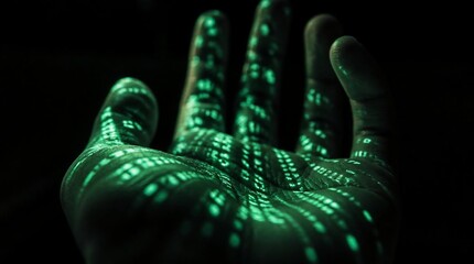 Glowing Digital Code Projected on a Human Hand