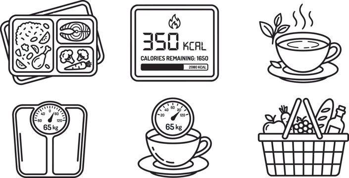Healthy diet and calorie tracking line icons set featuring meal prep container digital kcal counter herbal tea bathroom weight scale and grocery basket vectors for fitness mobile application UI design