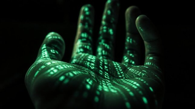 Glowing Digital Code Projected on a Human Hand