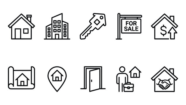 A comprehensive set of line icons illustrating key aspects of the real estate industry and property transactions.