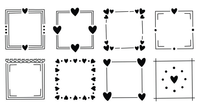 Hand drawn black square heart frames set. minimalist sketchy borders, romantic geometric boxes, tiny dots. for valentine's day greeting cards, wedding invitations. flat vector graphics.
