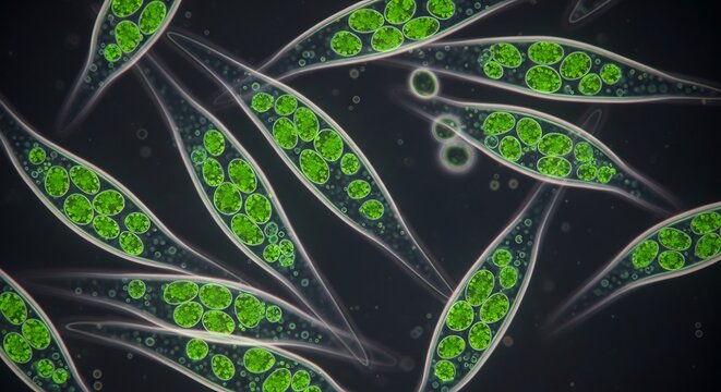Microscopic View of Euglena Cells with Vibrant Green Chloroplasts.