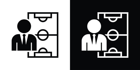 Corporate coach or manager avatar over a soccer field tactic layout, ideal for sports strategy planning, team coaching, game analysis, and business management tactics. © bibin