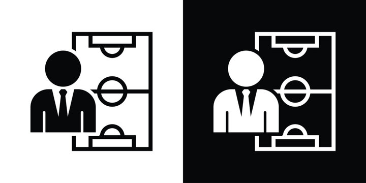 Corporate coach or manager avatar over a soccer field tactic layout, ideal for sports strategy planning, team coaching, game analysis, and business management tactics.