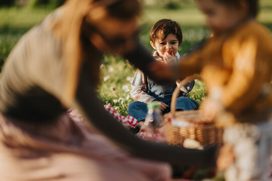 A young boy sits on a picnic blanket eating a strawberry while family members move around him. A casual outdoor family picnic with parents and a sibling sharing food on a grassy lawn.