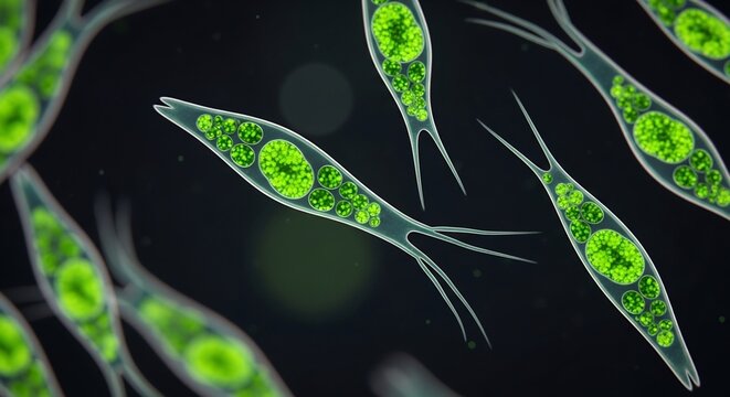 Microscopic view of Euglena gracilis single-celled organisms with green chloroplasts.