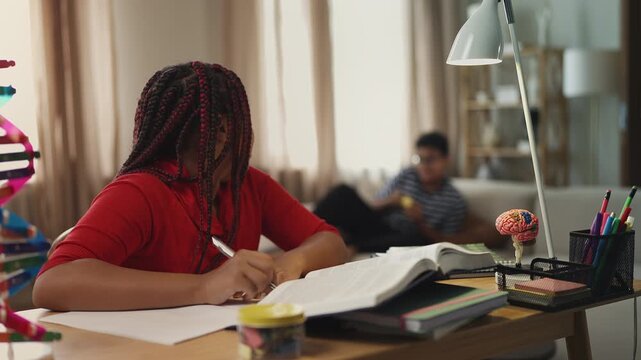Clever girl doing homework while lazy brother plays video games on background