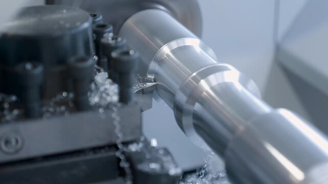 A lathe cutter processes a shiny metal part and the chips fall into a receiver. Closeup