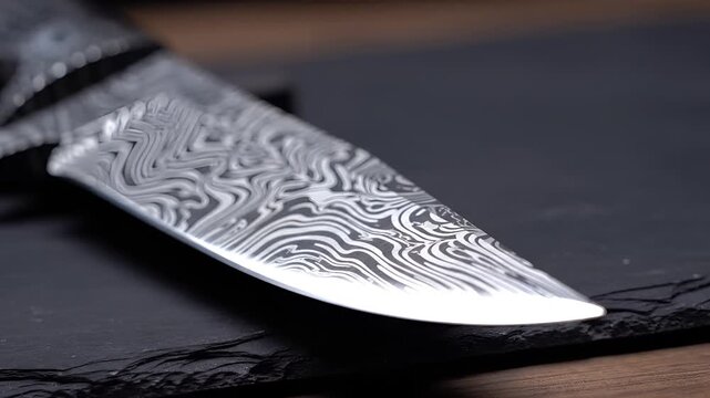 Closeup of a Damascus steel knife blade with intricate patterns 2.