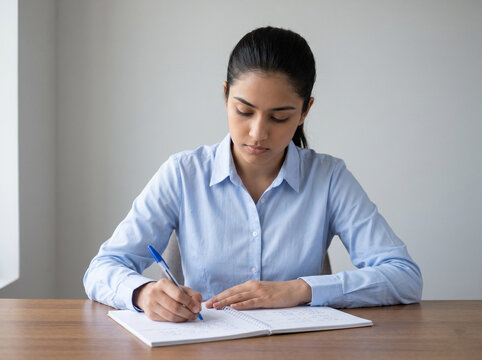 young indian female student studying for entrance exam with notebook for education success and learning concept