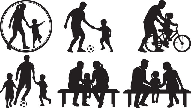 Family activity silhouette vector collection, parents and children playing, learning and bonding isolated black illustration set for parenting and lifestyle themes