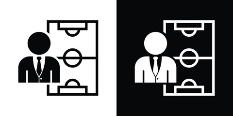 Corporate coach or manager avatar over a soccer field tactic layout, ideal for sports strategy planning, team coaching, game analysis, and business management tactics. © bibin