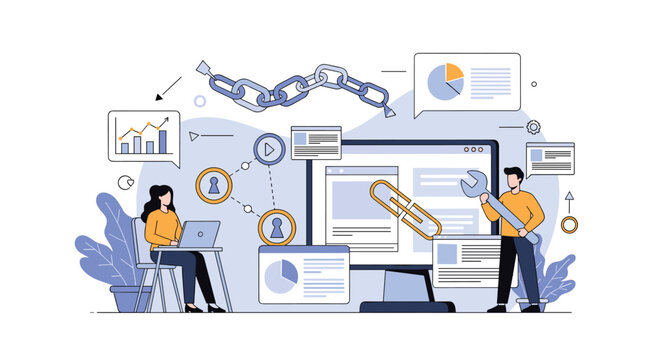 Web developers and SEO experts work together to build strong backlink profiles for improved website search ranking.