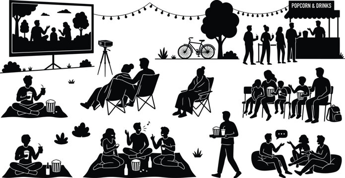 People enjoying outdoor social gathering with snacks and drinks isolated on white background, Vector