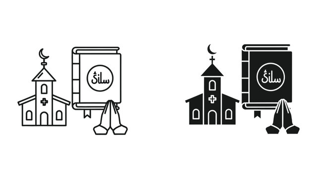 Line art illustration of church buildings with location pin icons