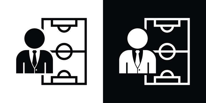 Corporate coach or manager avatar over a soccer field tactic layout, ideal for sports strategy planning, team coaching, game analysis, and business management tactics.