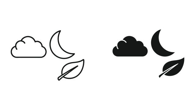 Set of moon phases and cloud weather icons in line art style