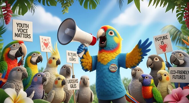 Group of colorful parrots advocating for youth voices and a sustainable future.