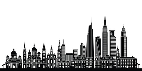 Fototapeta premium European classical and modern city skyline silhouette for cathedral and skyscraper vector illustration for urban travel and architecture design