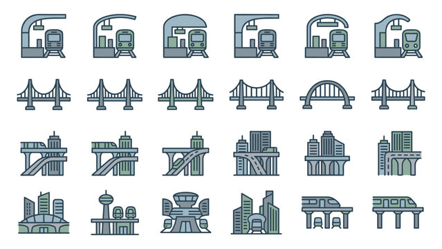 Urban transit icons set metro bridge highway skyline monorail station transit vector illustration