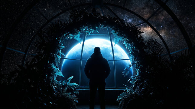 Silhouetted figure in a lunar base greenhouse observing plant growth with Earth in the background, illuminated by ethereal blue light
