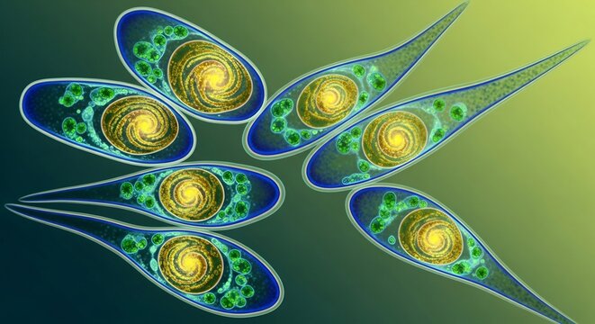 Microscopic View of Euglena Cells with Spiral Chloroplasts and Nucleus.
