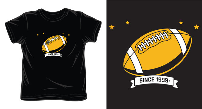Yellow american football ball with stars and since 1999 ribbon text on black background.